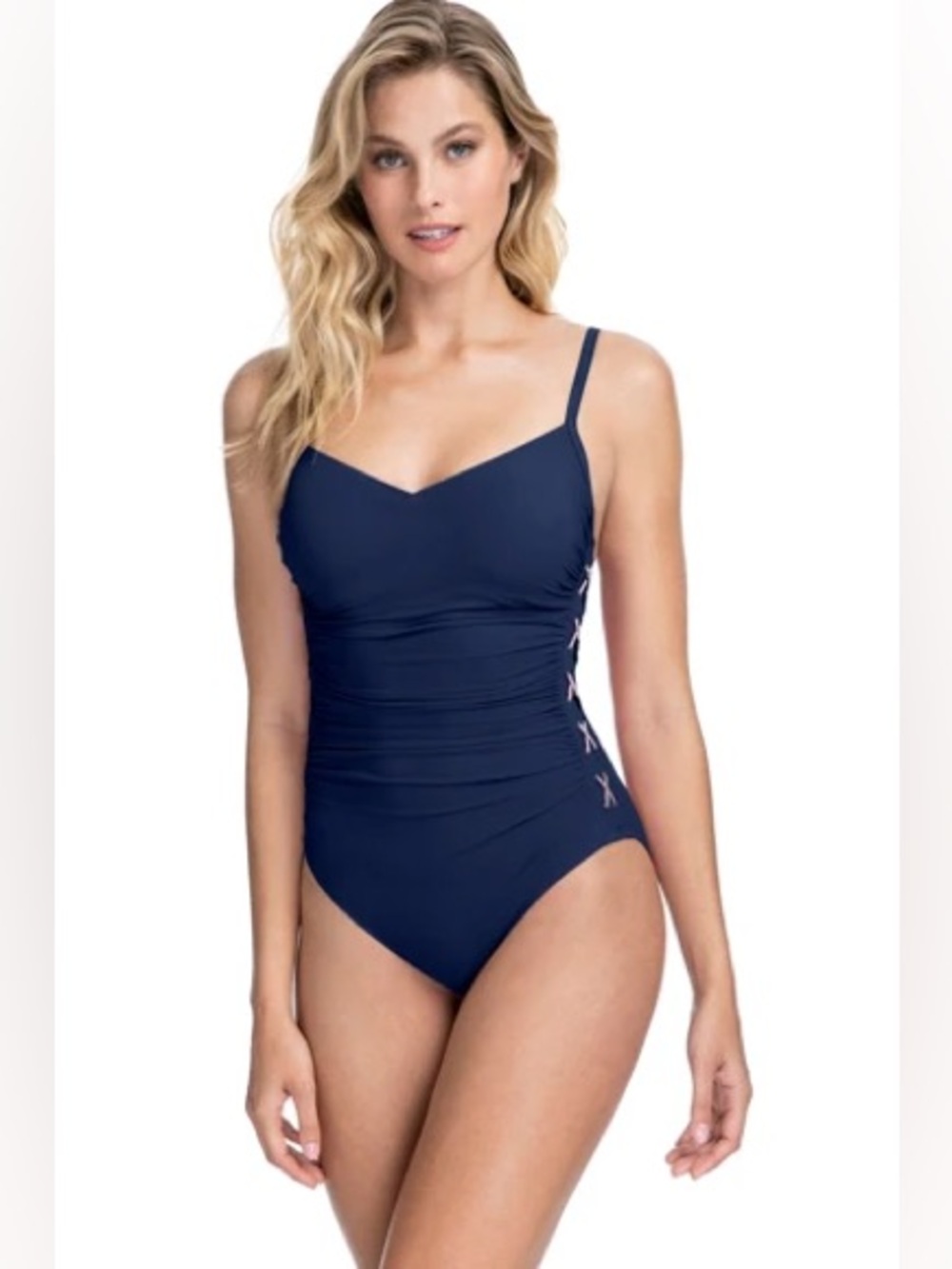 NWT Profile By Gottex Moto Lace Up Side Shirred One Piece Swimsuit Navy blue
